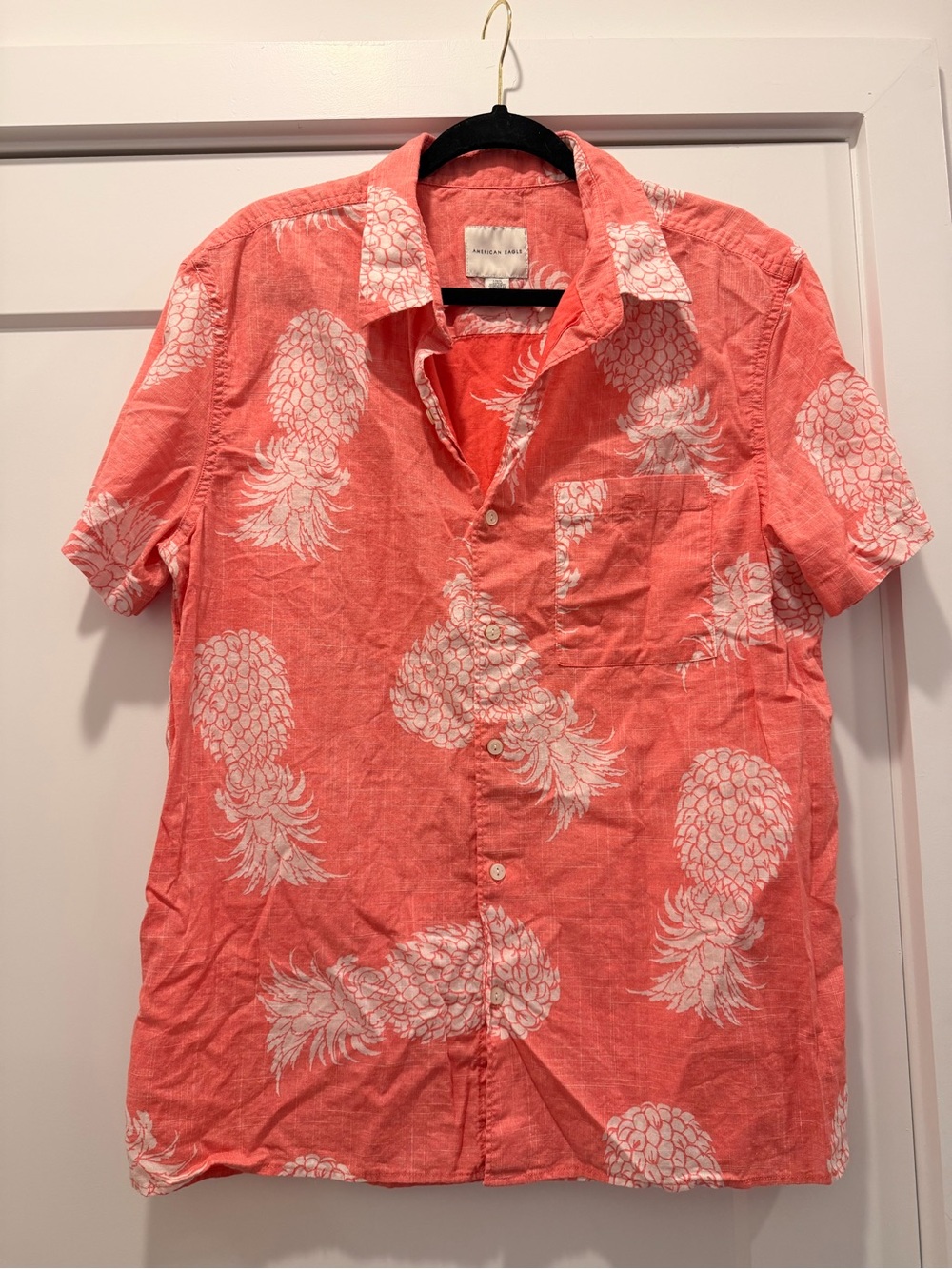 American Eagle Outfitters Coral Short-Sleeve Pineapple Print Button-Down Shirt